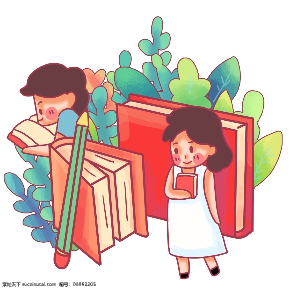 世界 读书 日 认真 阅读 红色 铅笔 夸张场景 小女生 世界读书日 书本 学习 知识 4月23日 看书 创意 卡通 萌 绿叶 绿色 书籍