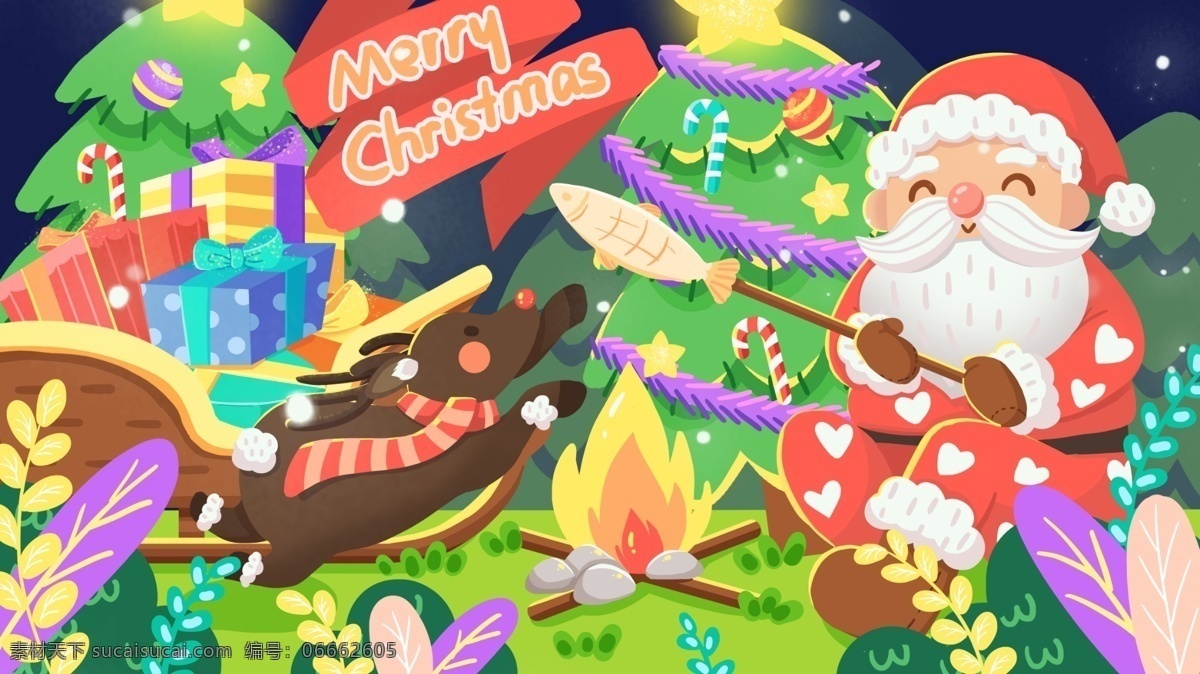 圣诞节 圣诞老人 忙里偷闲 烤鱼 圣诞树 可爱 插画 星星 麋鹿 雪橇 卡通 原创 拐杖糖 彩球