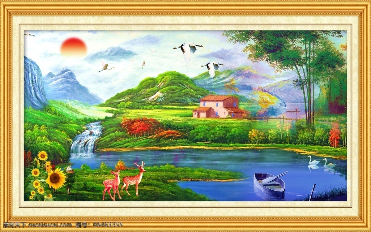 油画风景 中堂画 油画 壁画 风景壁画 风景山水壁画 山水画 瀑布 山水风景 瀑布风景 山水 风景画 自然风景 风景 客厅画 大厅画 风水画 家居装饰画 室内装饰画 室内装饰 休闲场所装饰 画框 相框 镜框 边框 山水挂画 山水壁挂 大树 天鹅 小屋飞鸟 太阳 雪山 湖光山色 蓝天 白云 仙鹤 中堂壁画 分层 源文件