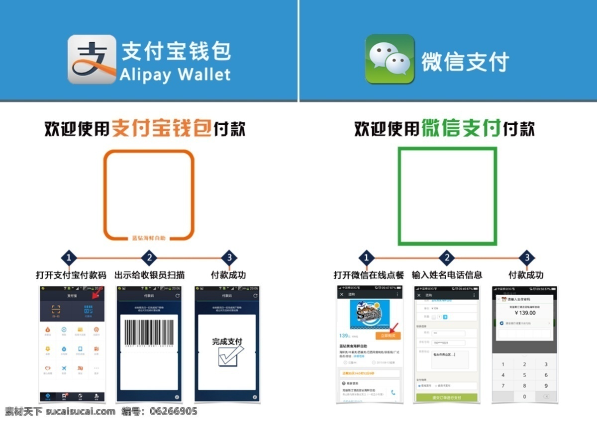 支付 宝 钱包 付款 微 信 流程 方法 蓝色背景 白色