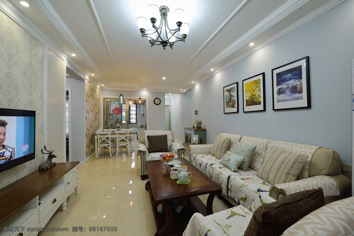 新 中式 客厅 装修 效果图 设计效果图 家装实景图 设计素材 现代 家居生活 室内效果图 中式风格 电视 沙发 吊灯 壁画