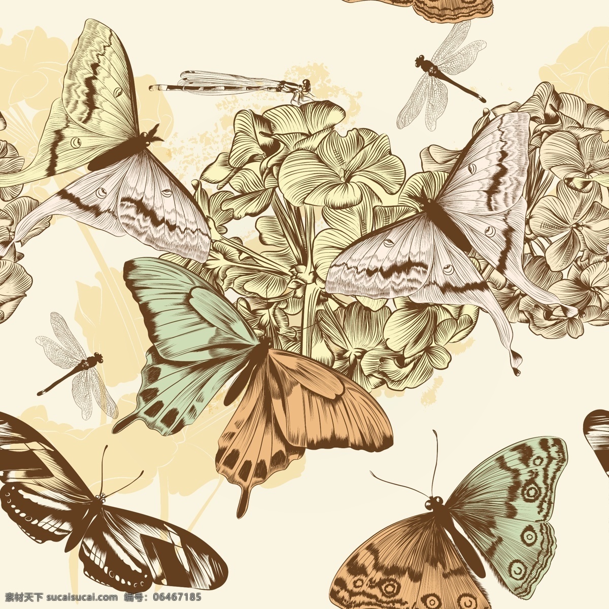 蝴蝶 花鸟 图案 矢量素材 矢量图 设计素材 鲜花 花朵 小鸟 复古 怀旧 无缝