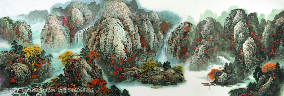 深秋 红叶 红 满 山川 美术 中国画 山水画 山岭 山峰 瀑布 山村 房屋 亭子 江流 船只 红树 树木 云雾 文化艺术 绘画书法