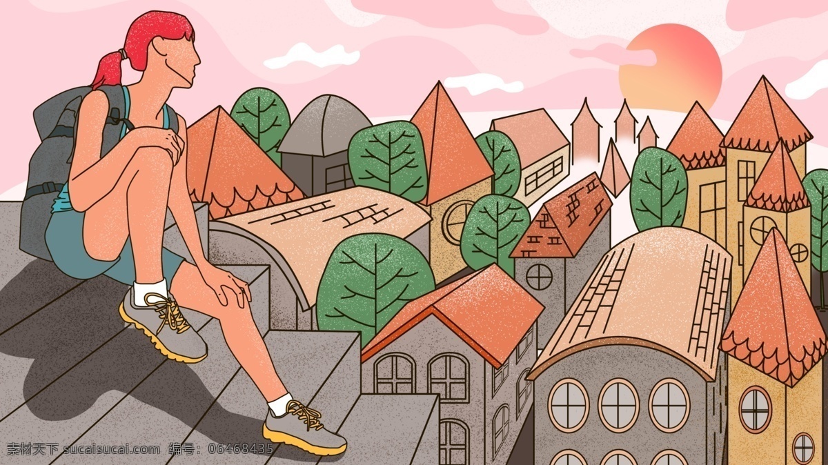插画 旅行 中 女生 屋顶 暖色 太阳 享受 阶梯 旅行者 小城 旅程 自由 房顶
