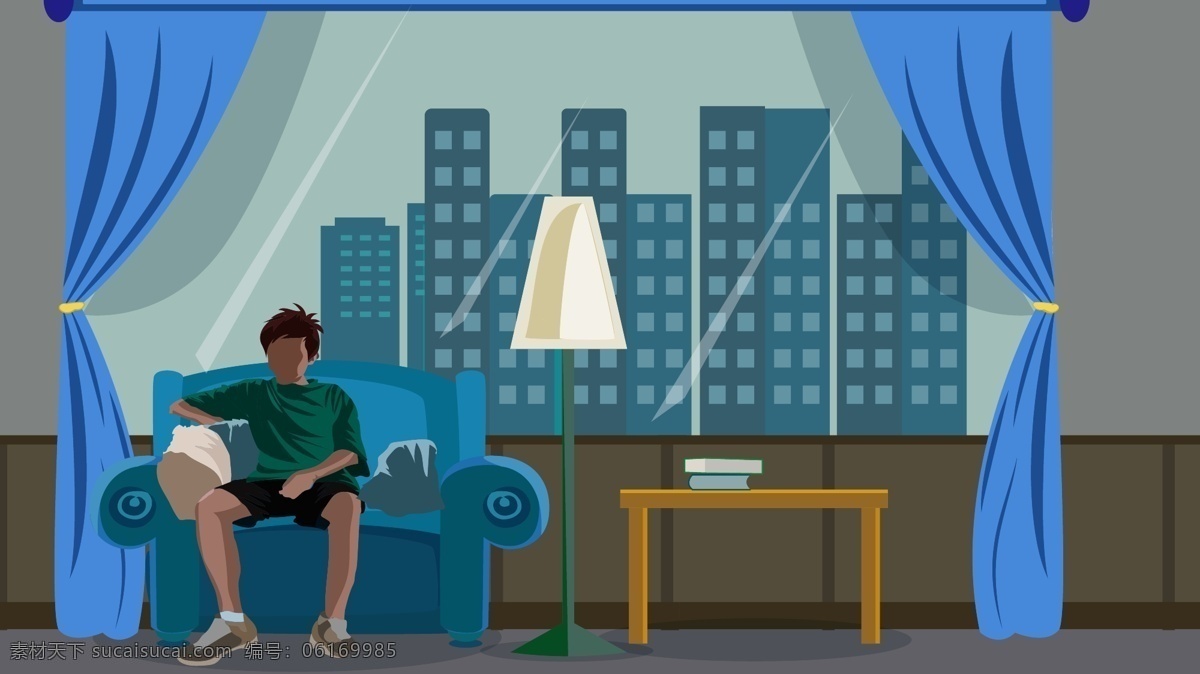 原创 插画 午夜 城 沙发 男孩 壁纸 城市 书本 午夜之城 夜晚 房间 灯