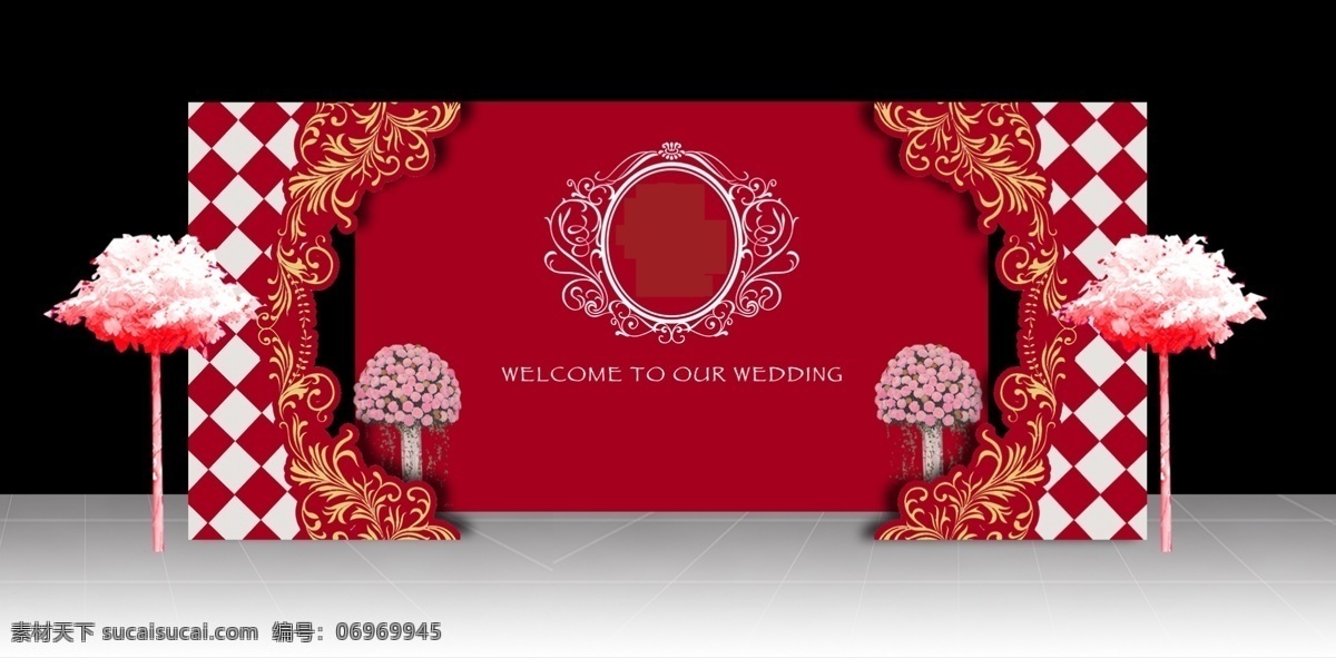 红色 欧式 迎宾 区 婚礼 效果图 迎宾区 展区 展板模板