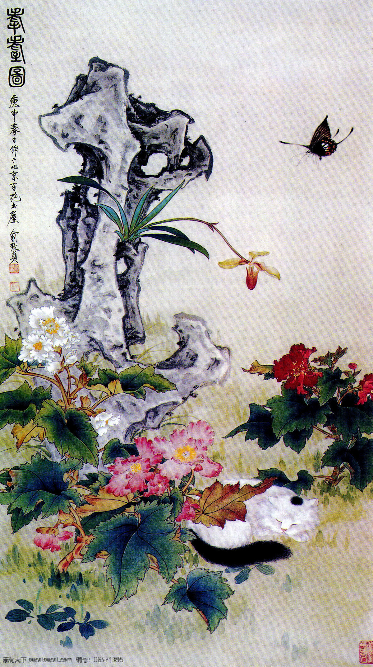 耄耄图 画 中国画 工笔画 现代国画 植物 花卉 花朵 红花 白花 叶子花香 花语 猫 蝴蝶 古石 草地 国画艺术 书法 印章 国画集13 绘画书法 文化艺术