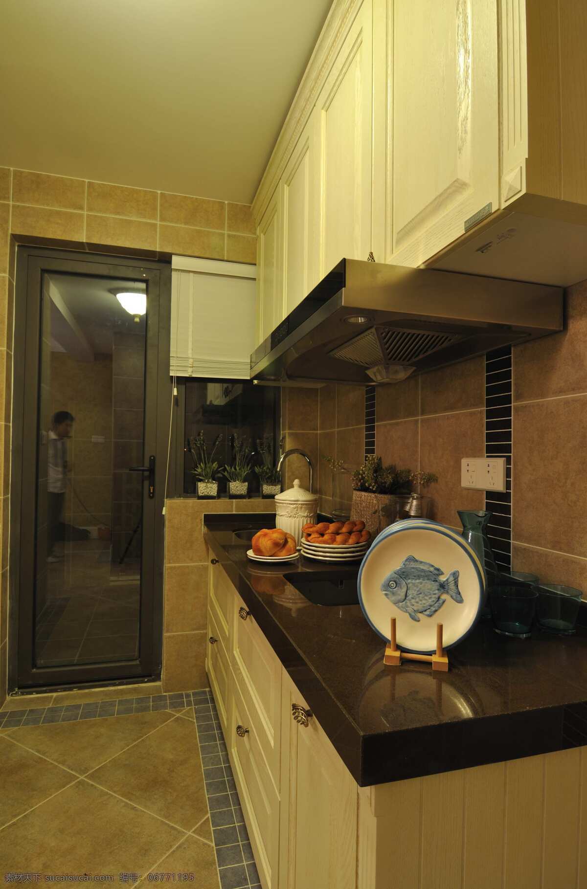 田园 风格 厨房 玻璃门 隔断 室内装修 效果图 柜子 厨房装修 大理石桌面 瓷砖地板