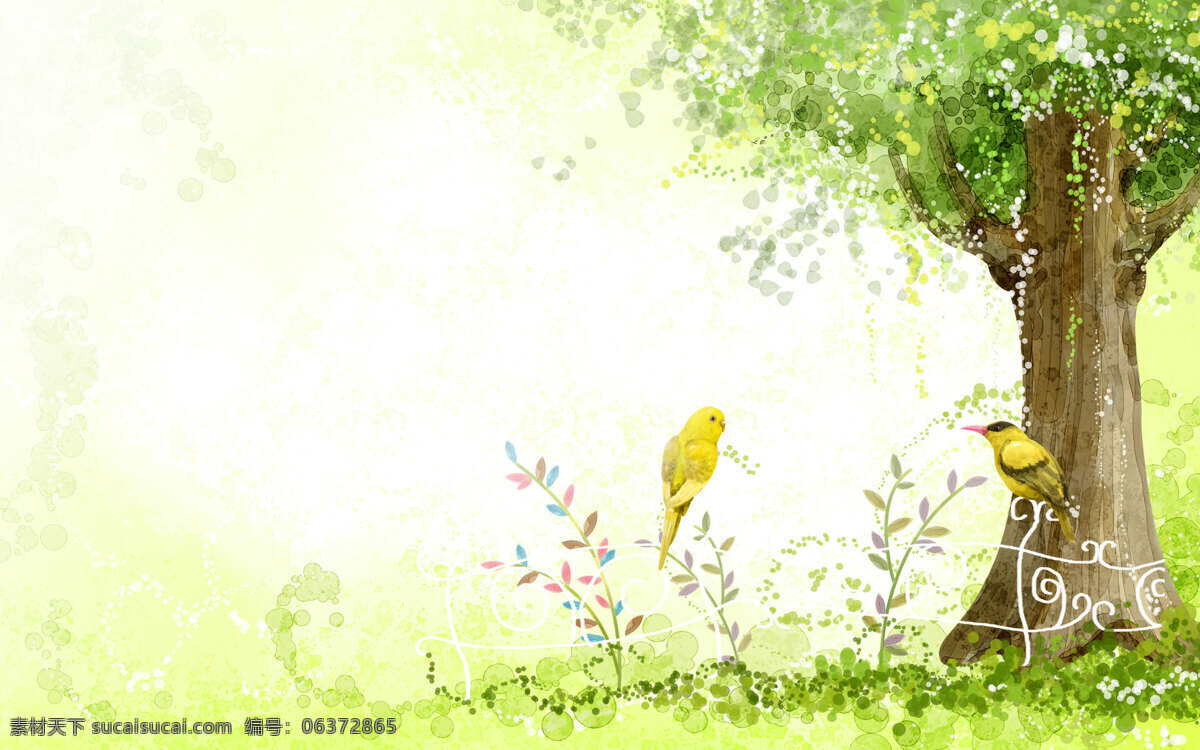 卡通 油画 黄鹂 梦幻 树木 小鸟 动漫 可爱