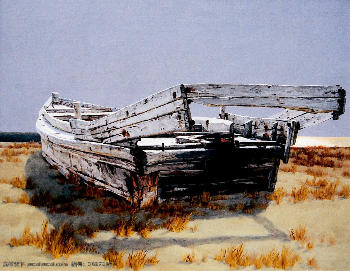 无声的野沙滩 美术 油画 风景 沙滩 旧木船 破船 野草 油画艺术 油画作品31 绘画书法 文化艺术