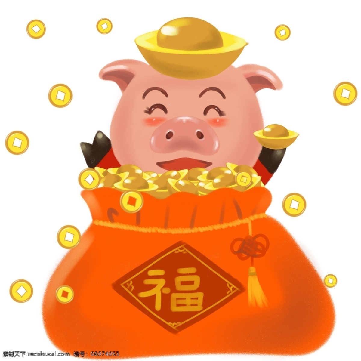 新年 猪 送 福 袋 卡通 插画 圣诞节 手绘 人物 圣诞礼物 圣诞快乐 送礼 圣诞开心 小女孩 小男孩 手绘节日 手绘圣诞节 圣诞节场景 节日场景袜子 铃铛 麋鹿