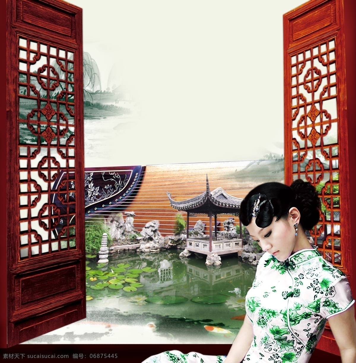 分层 古筝 荷花 荷叶 江南风景 门窗 旗袍美女 水墨画 江南 风景 模板下载 水 小鱼 亭子 源文件 psd源文件