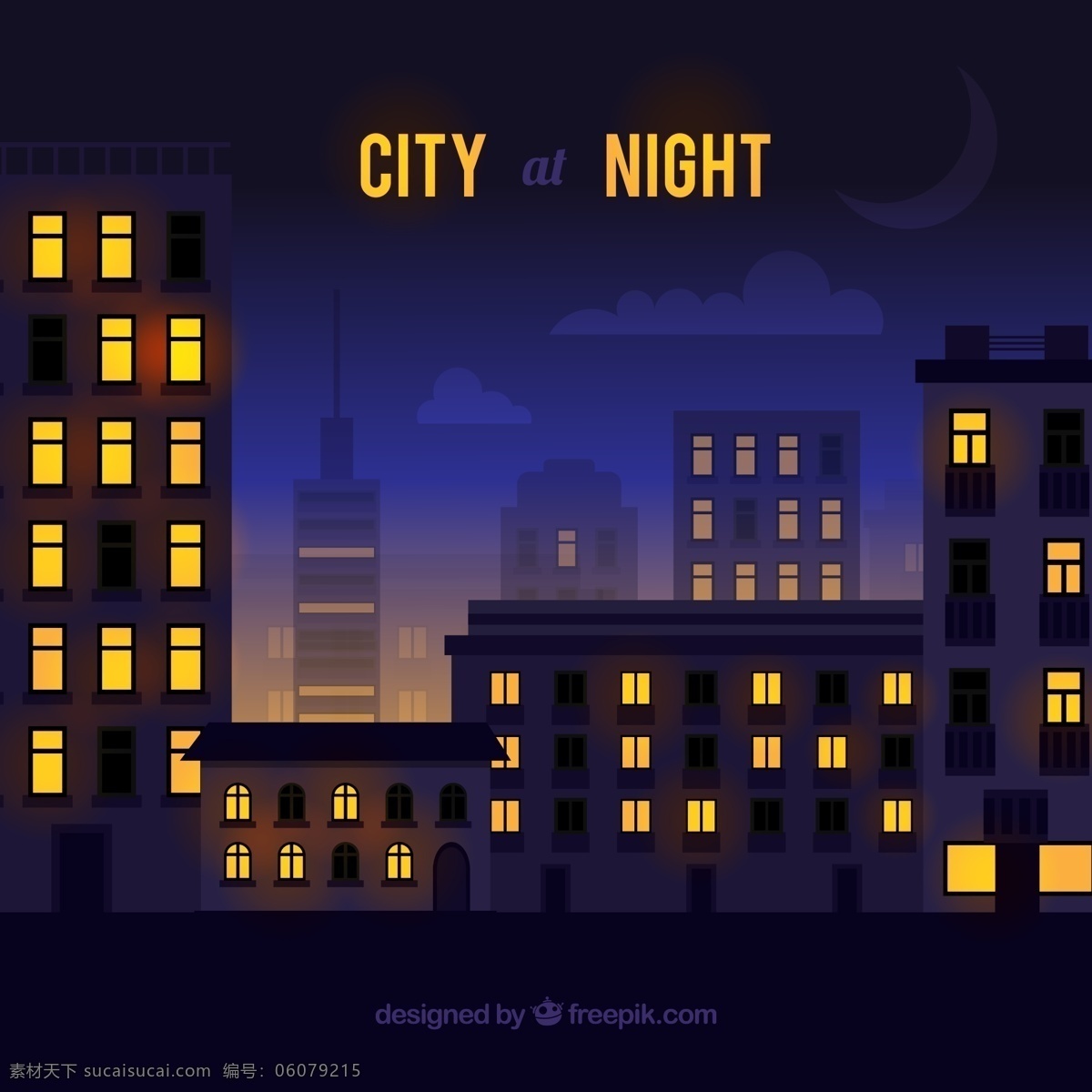 时尚 都市 夜晚 矢量 月亮 城市 楼群 大厦 灯光 矢量图 黑色
