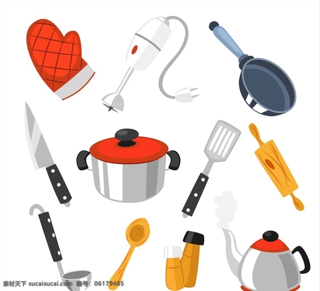 矢量 厨房用具 厨房用品 厨房元素 厨房素材 锅 刀 叉 平底锅 手套 水壶