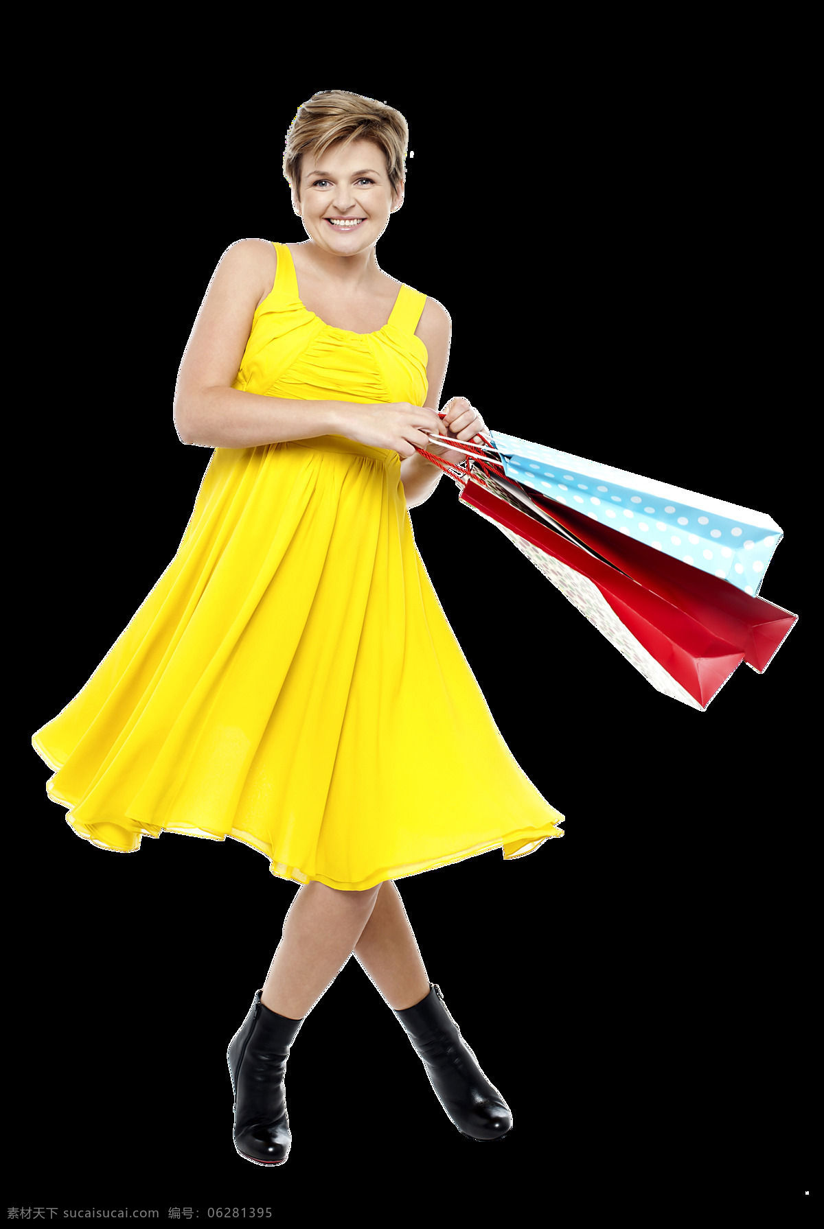 购物 时尚 美女图片 购物袋 黄色连衣裙 美女 外国人物 生活人物 人物图片