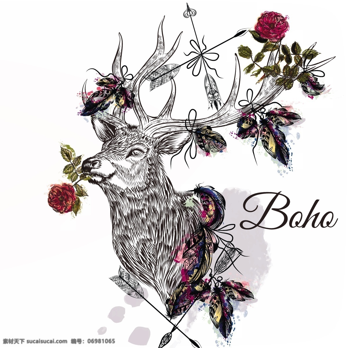 波西 米亚 背景 花卉 抽象的设计 一方面 花的背景 动物 手绘 饰品 壁纸 鹿 羽毛 装饰 印度 绘画 民族 波希米亚