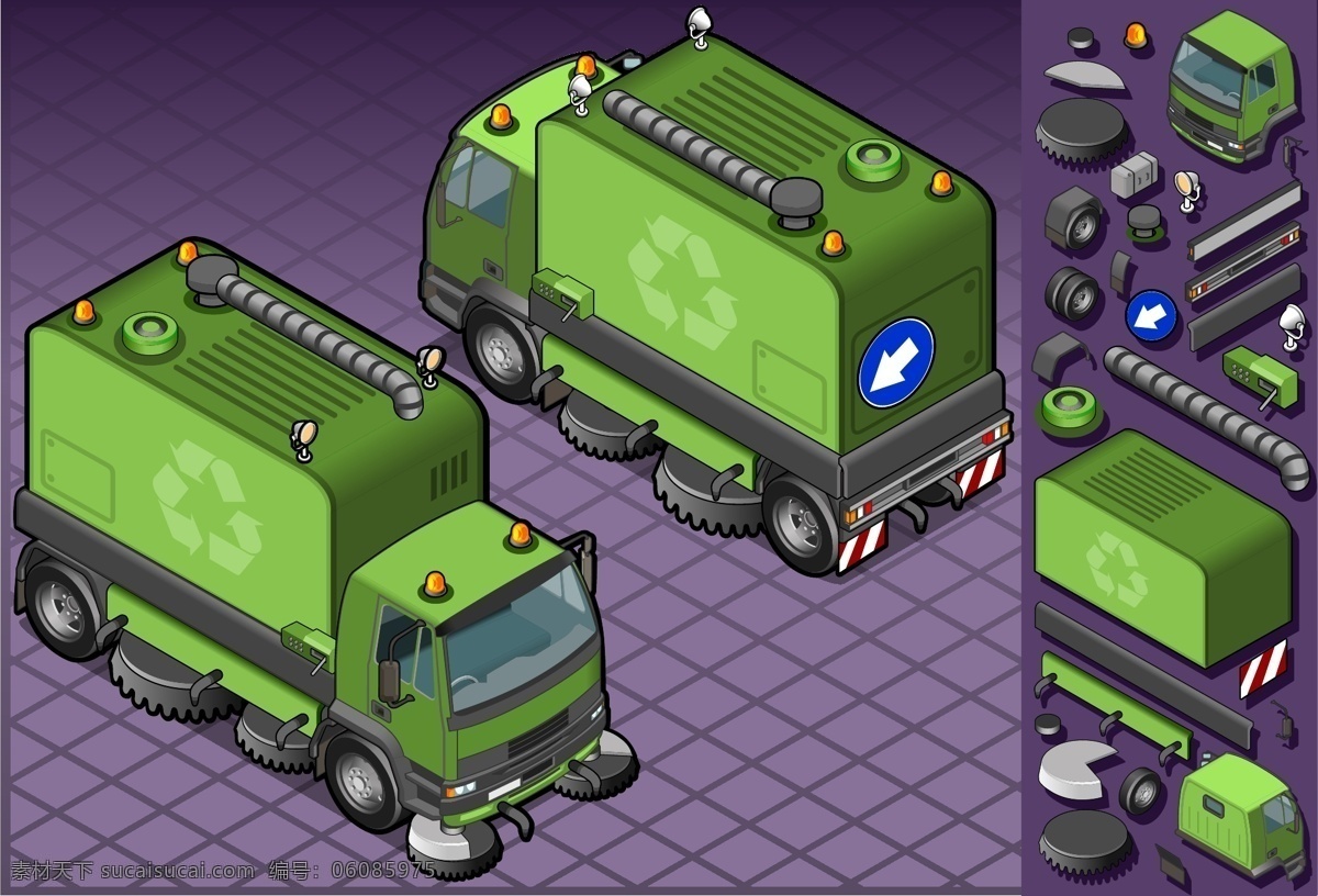 垃圾运输车 环卫车 矢量汽车 卡通汽车 车辆 交通运输工具 交通工具 现代科技 矢量素材 绿色