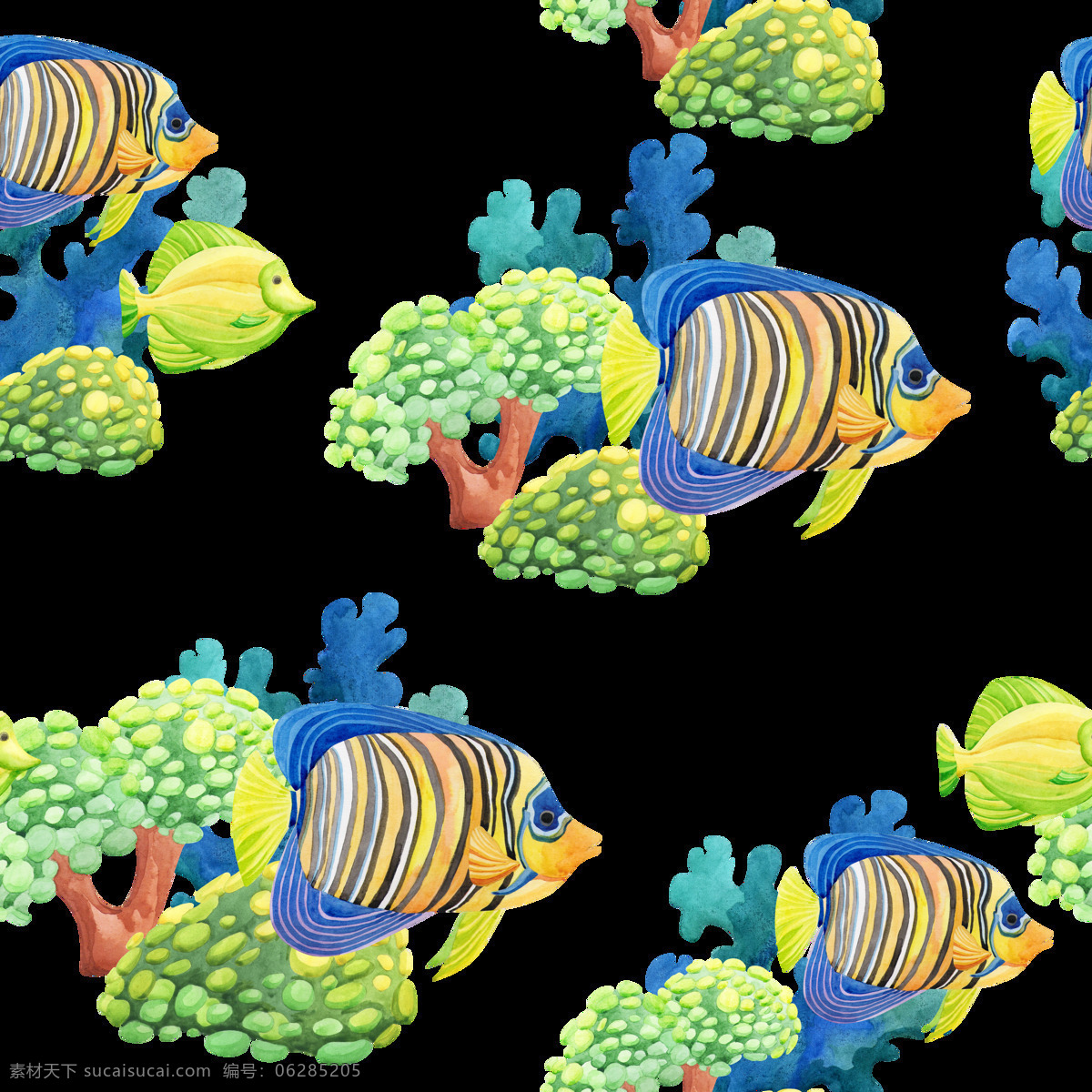 手绘 西 太平洋 珊瑚礁 海域 背景 背景素材 蓝色 绿色 珊瑚 水彩 无脊椎动物 鱼儿 植物