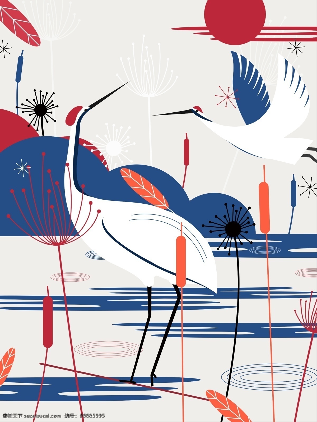 自然 印记 鹤 植物 和谐 绘画 蓝红 红日 远山 蒲公英 自然印记 动物与植物 色彩对比 江面 扁平风