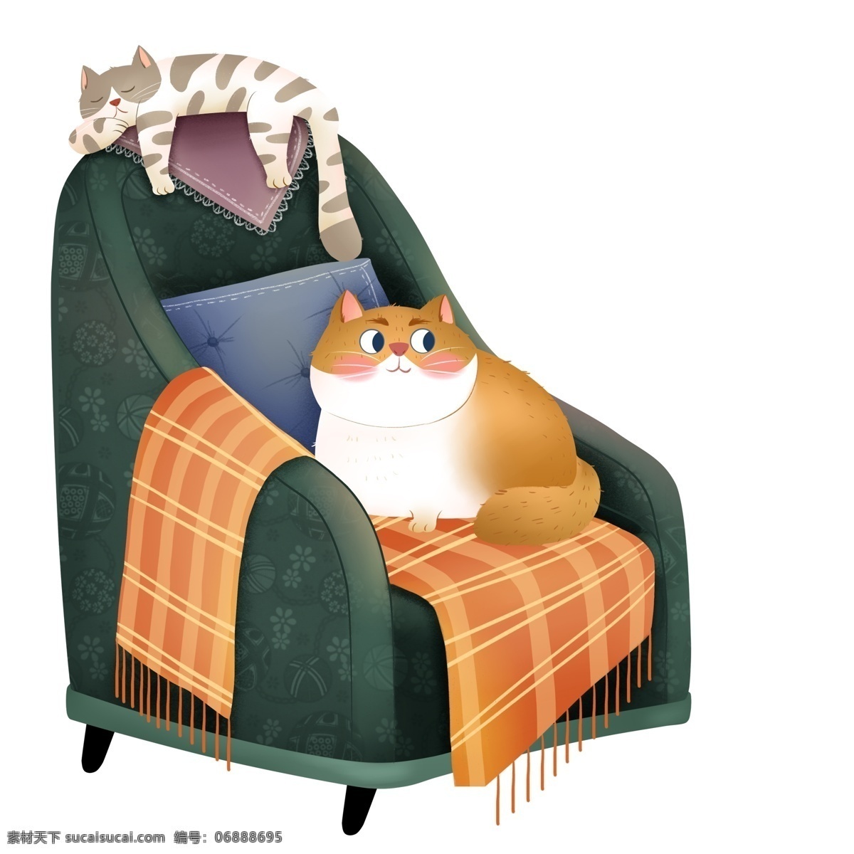 手绘 绿色 沙发 上 可爱 猫 元素 绿色沙发 可爱猫 手绘元素 装饰图案 设计元素 卡通元素