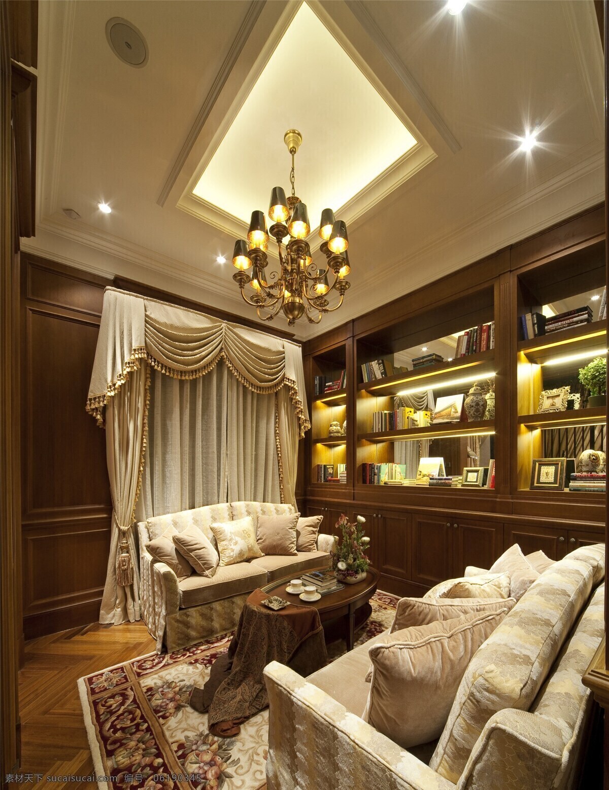 低 奢 雅致 美式 书房 效果图 复古水晶灯 射灯 室内设计 书籍 印花地毯 印花沙发