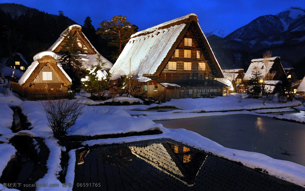 歧 阜 白川 鄉 夜景 日本 歧阜 白川乡 乡村 森林 农田 木屋 白雪 灯光 旅游摄影 国外旅游 摄影图库