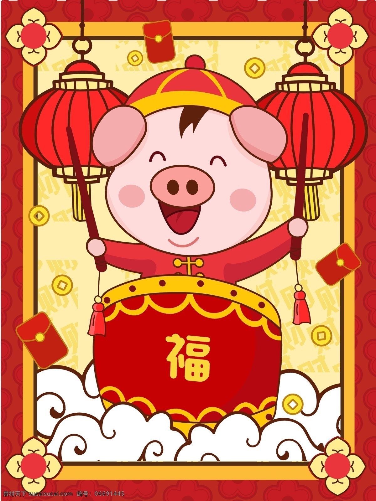 新年 快乐 猪年 大吉 红色 喜庆 小 猪 打鼓 红灯笼 新年快乐 插画 可爱 猪年大吉 小猪 海报 配图 年味 2019