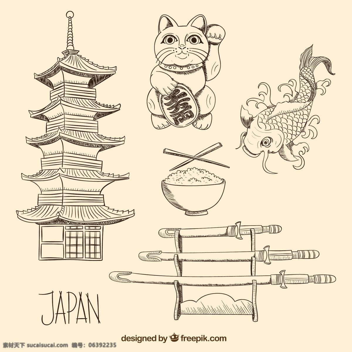 手绘日本元素 绘制 日本 绘画 水稻 东方 文化 亚洲 手工 手绘 鲤鱼 传统