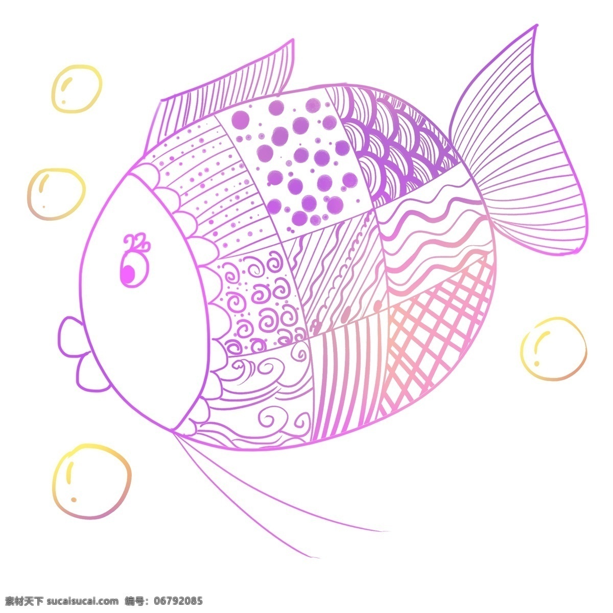 海洋生物 线描 鱼 纹理 泡泡 彩色