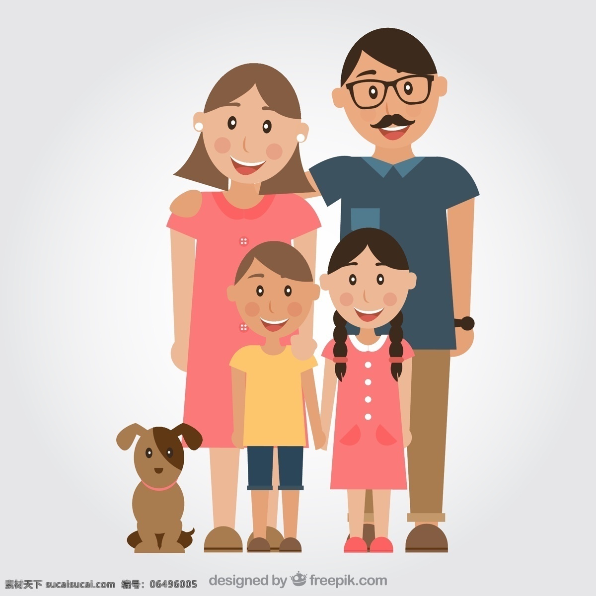 四口之家 宠物 狗 动物 家畜 眼镜 家 家人 亲人 儿童 小孩 孩子 孩童 幼儿 幼童 男童 女童 父母 父亲 母亲 爸爸 妈妈 儿子 女儿 男人 男士 男子 男性 男生 男孩 卡通 女人 女士 女子 女孩 女生 女性 人物 插画 背景 海报 画册 矢量人物 平面素材