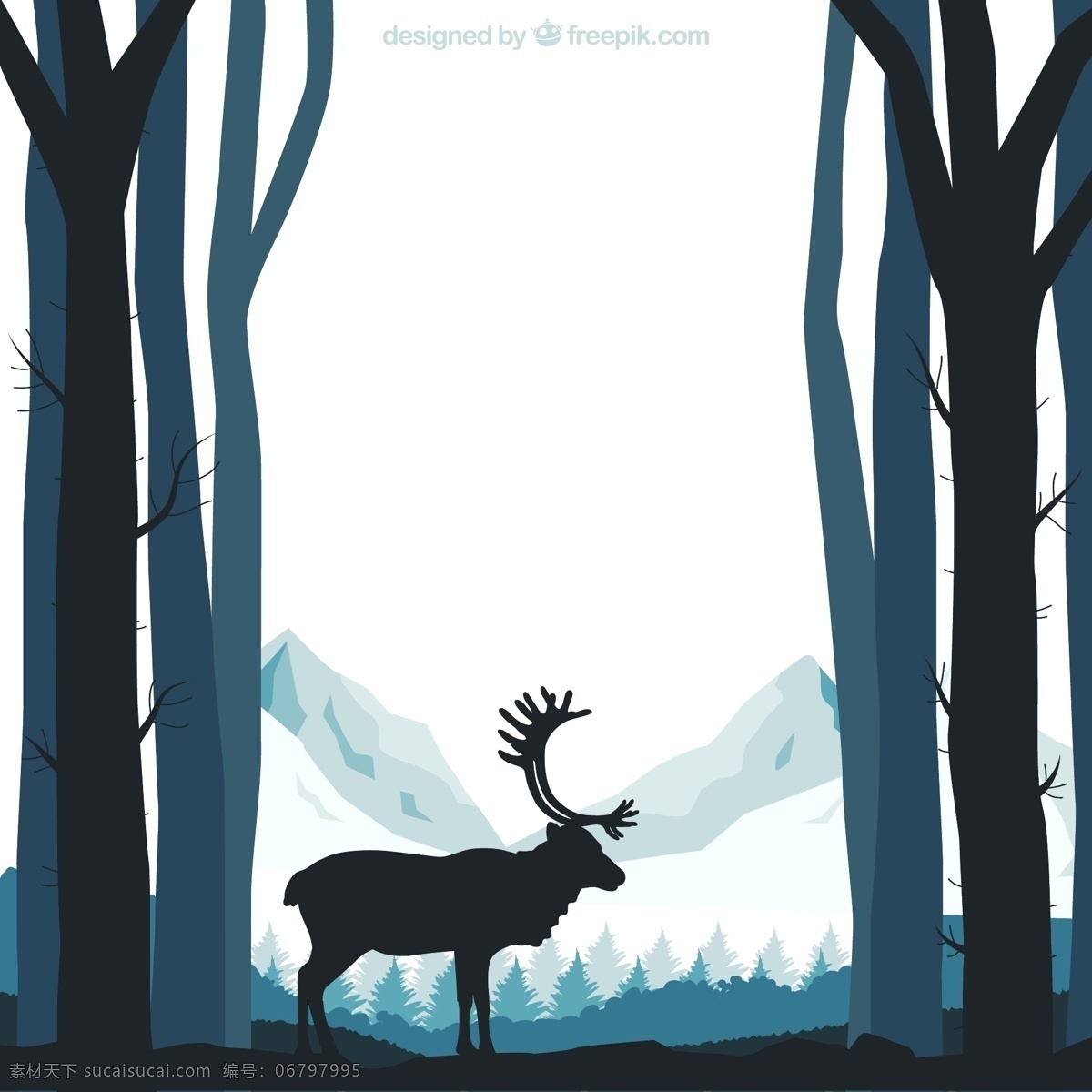 驯鹿 剪影 矢量 风景 森林 树木 高清图片