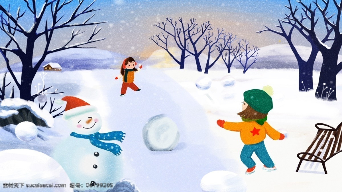 唯美 冬季 开心 小伙伴 一起 打雪仗 原创 手绘 插画 壁纸 一起打雪仗