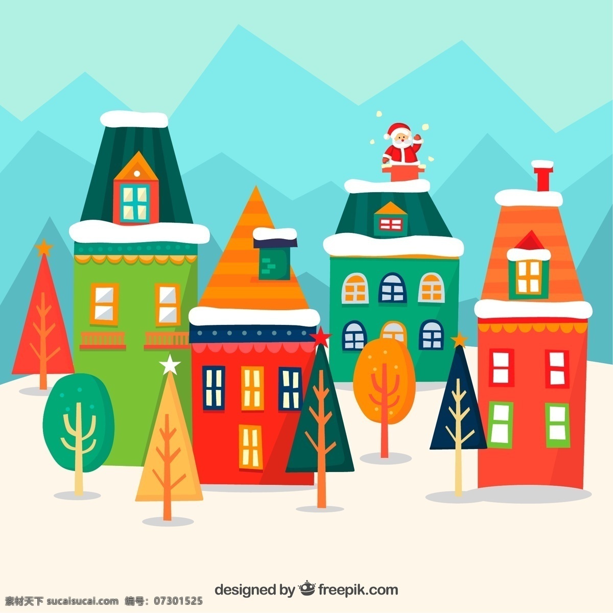 可爱 钻 烟囱 圣诞老人 山 圣诞节 楼 雪花 树木 房屋 动漫动画 风景漫画