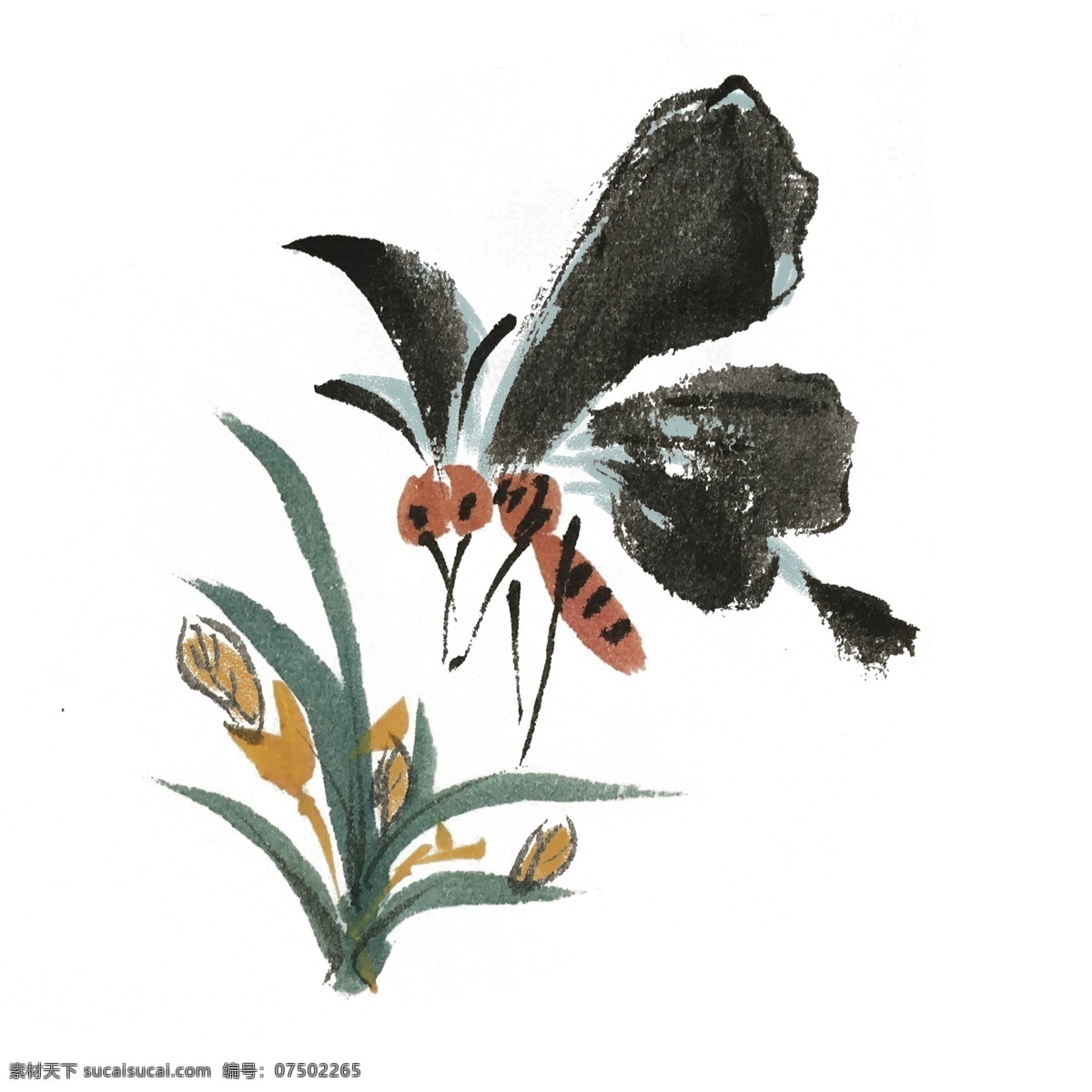 中国 风 墨迹 蝴蝶 花草 手绘 插画 中国风 动物 古风 水墨风 夏季 彩色 昆虫 春天 生动 国风 水墨