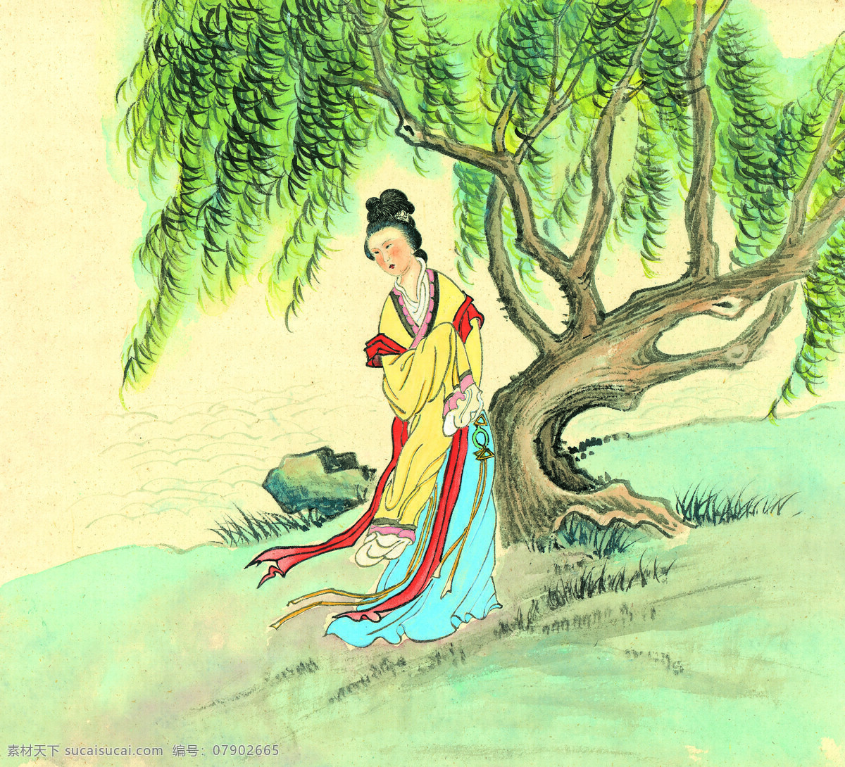 柳树下 古装 美女图片 人物画 名画 中国画 水墨画 国画 装饰画 中堂画 壁画 绘画艺术 书画文字 文化艺术
