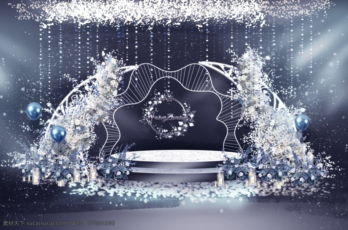 白 蓝色 梦幻 婚礼 仪式 区 效果图 中心舞台 白蓝色花艺 浪漫 蓝色婚礼 花朵造型铁艺 水晶 钨丝灯吊顶