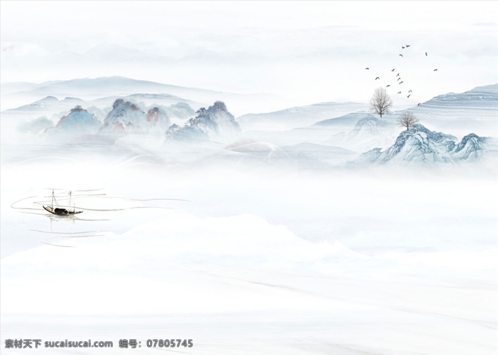 水墨山水 小船 背景墙 现代背景墙 简约背景墙 电视背景墙 中式背景墙 分层