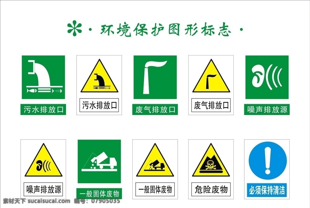 环境保护 图形 标志 图形标志 污水排放口 废汽排放口 一般固体废物 噪声排放源 危险废物 必须保护清洁 公共标识标志 标志图标 素菜类