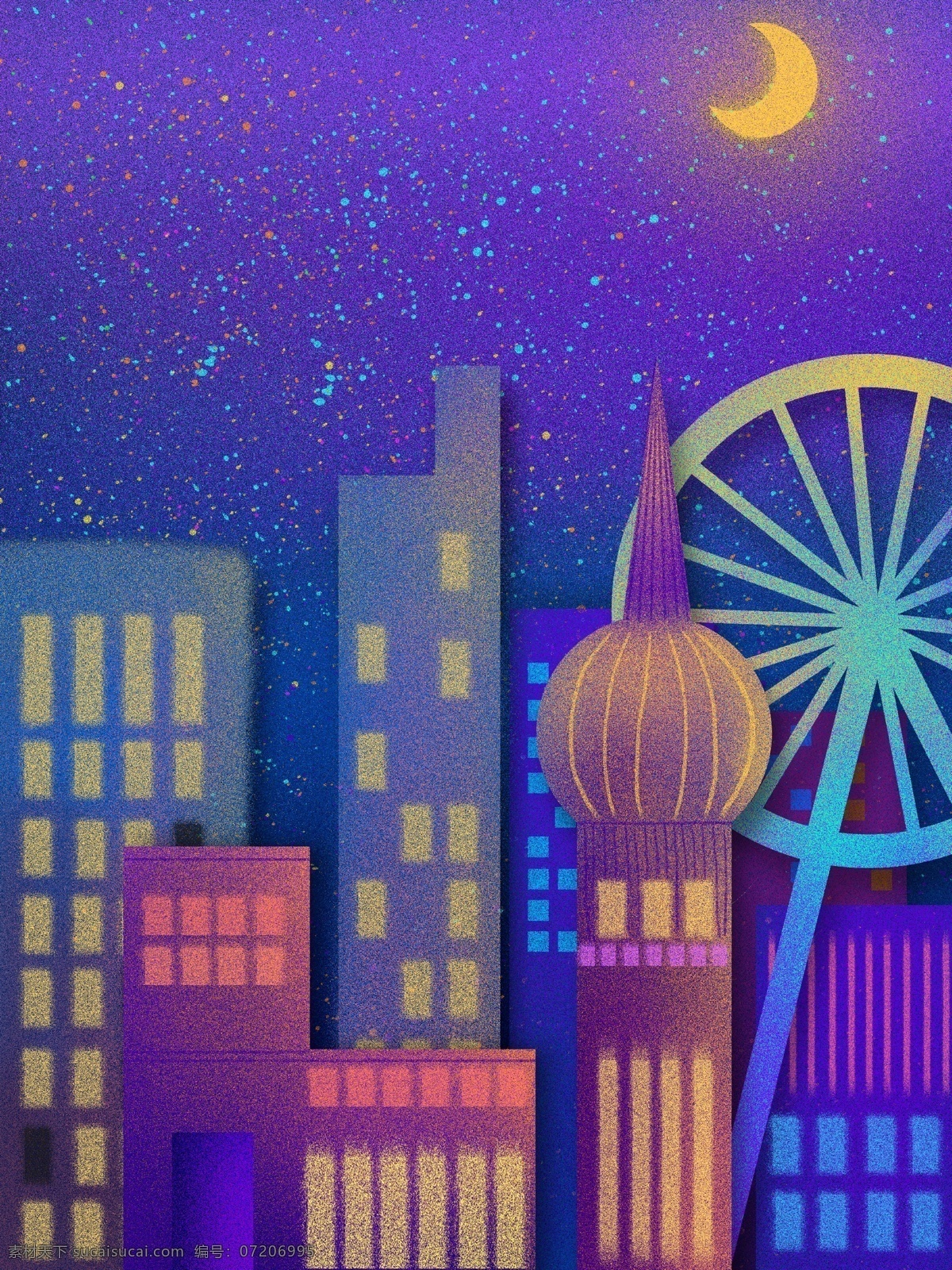 颗粒 感 肌理 城市 夜晚 剪影 插画 城市剪影 科技感 星空 壁纸 颗粒感 晚安你好 蓝色系
