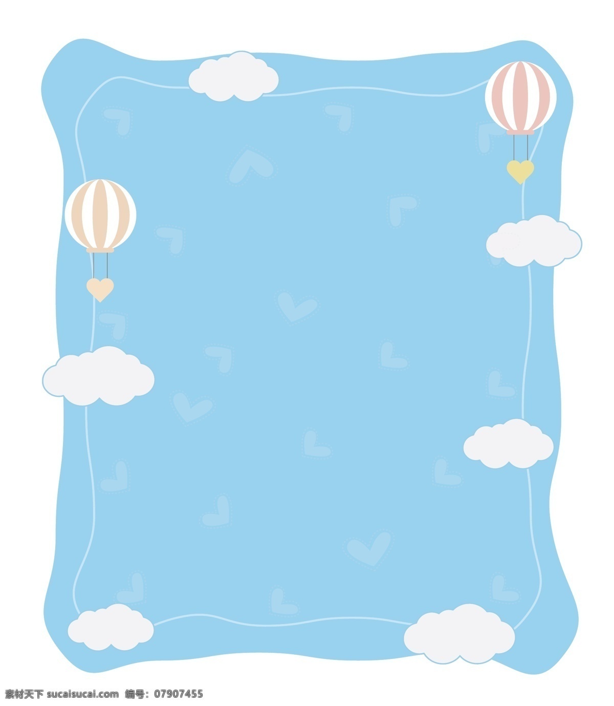 蓝天 白云 可爱 热气球 矢量 免 抠 边框 梦想 飞翔 天空 爱心 细线 蓝色 糖果色 马卡龙色 彩色 柔和 柔色 卡通 儿童 萌