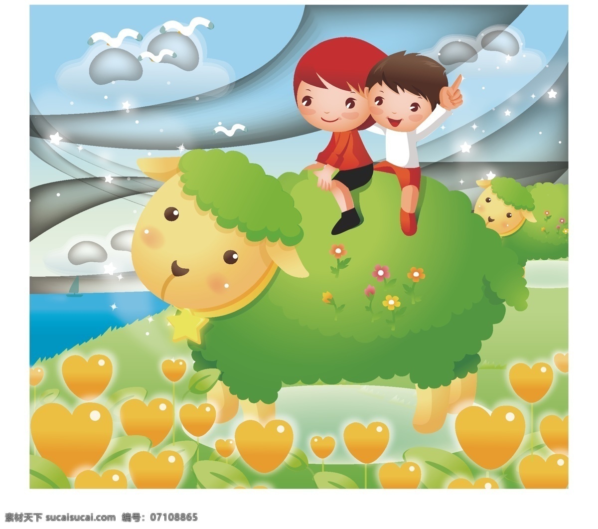 矢量 儿童 远足 插画 绵羊 海鸥 小孩