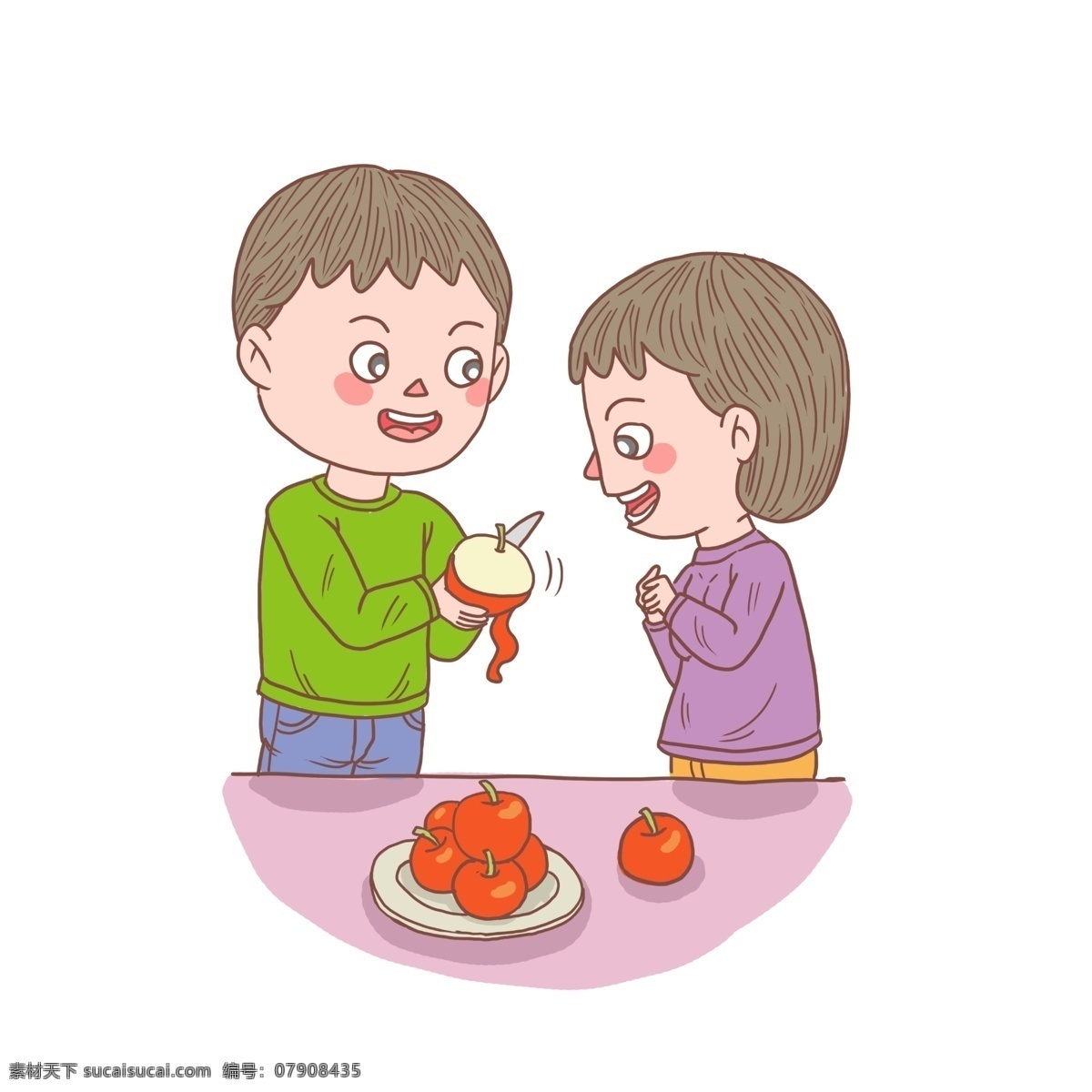 卡通 手绘 人物 夫妻 削 苹果 手账 简笔画 开心男孩 吃饭 开心女孩 夫妻恩爱 削苹果 吃苹果