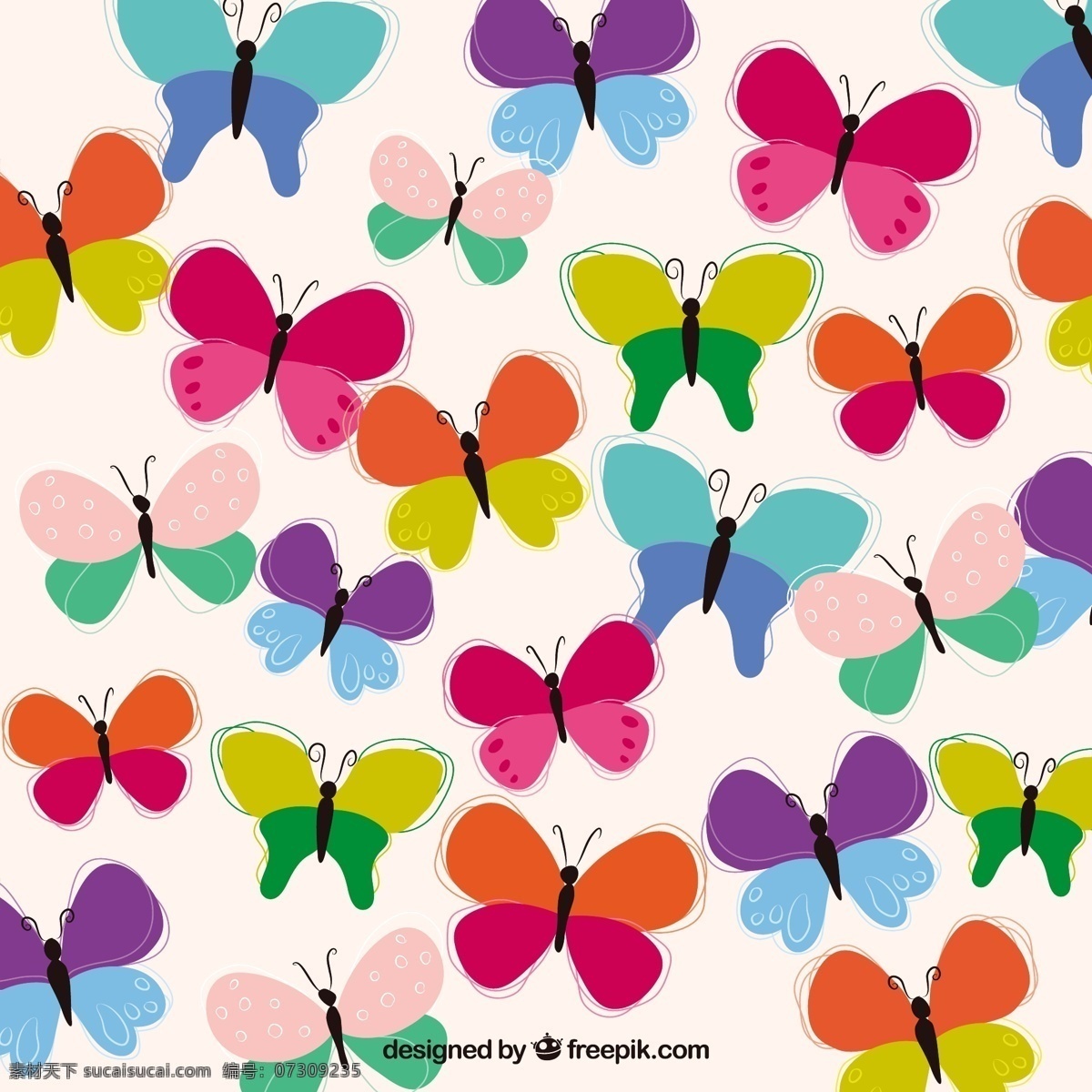 手绘 七彩 蝴蝶 背景 手 自然 动物 彩色 素描 自然背景 飞行 绘画 昆虫