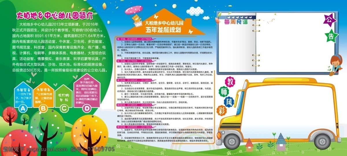 幼儿园展板 幼儿园简介 教师风采 树叶 汽车 书本 房子形 展板模板