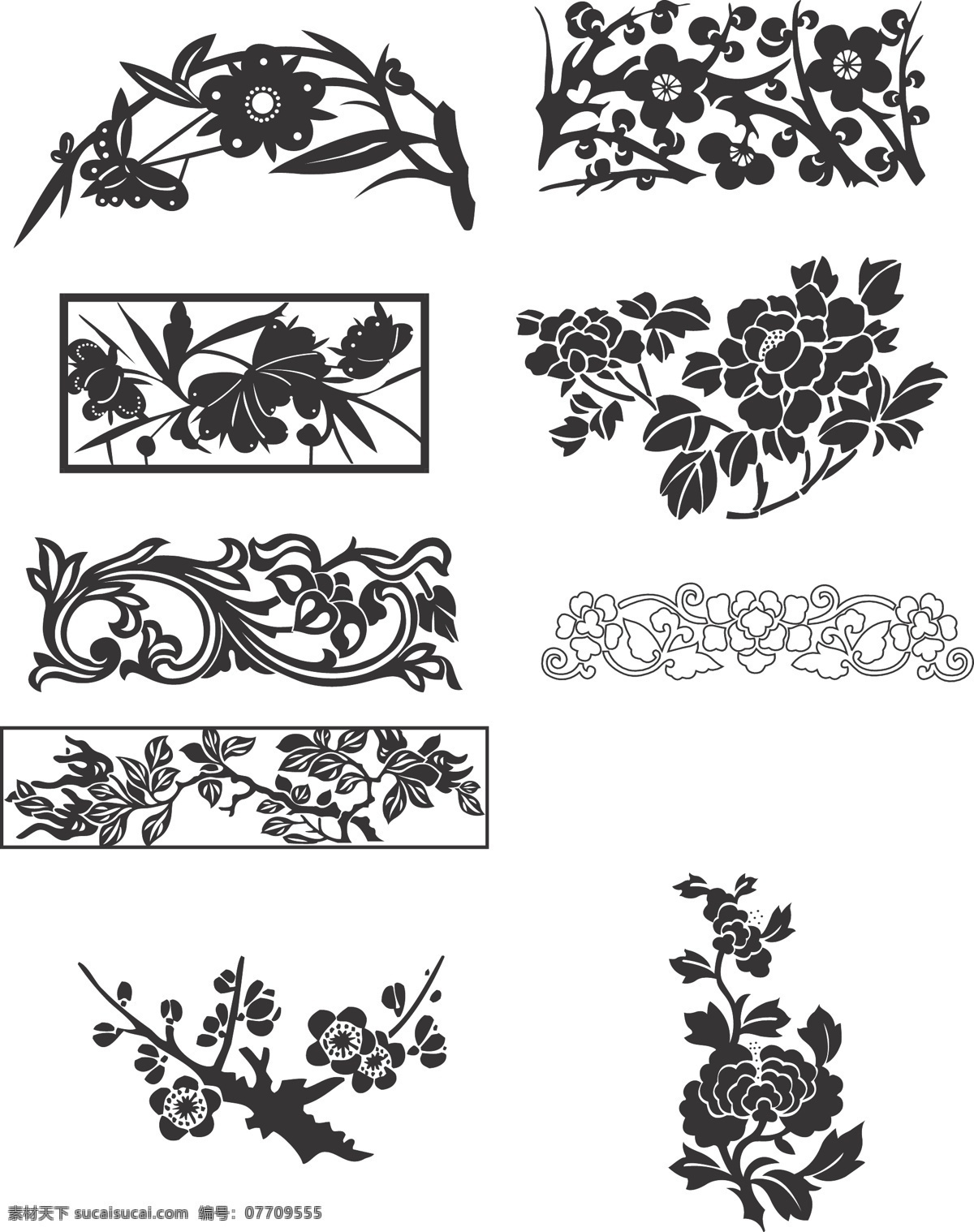 花卉黑白图案 花卉 图案 剪纸 花纹 底纹边框 花纹花边 矢量图库