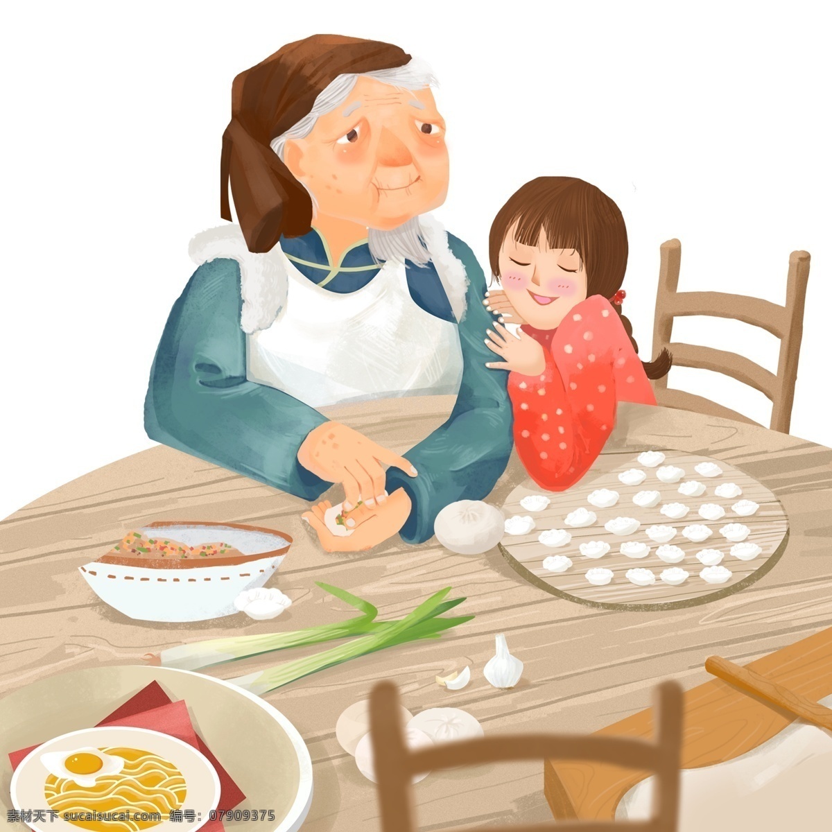 手绘 过年 包 饺子 祖孙 俩 温馨 场景 卡通 插画 复古 春节 包饺子 老奶奶
