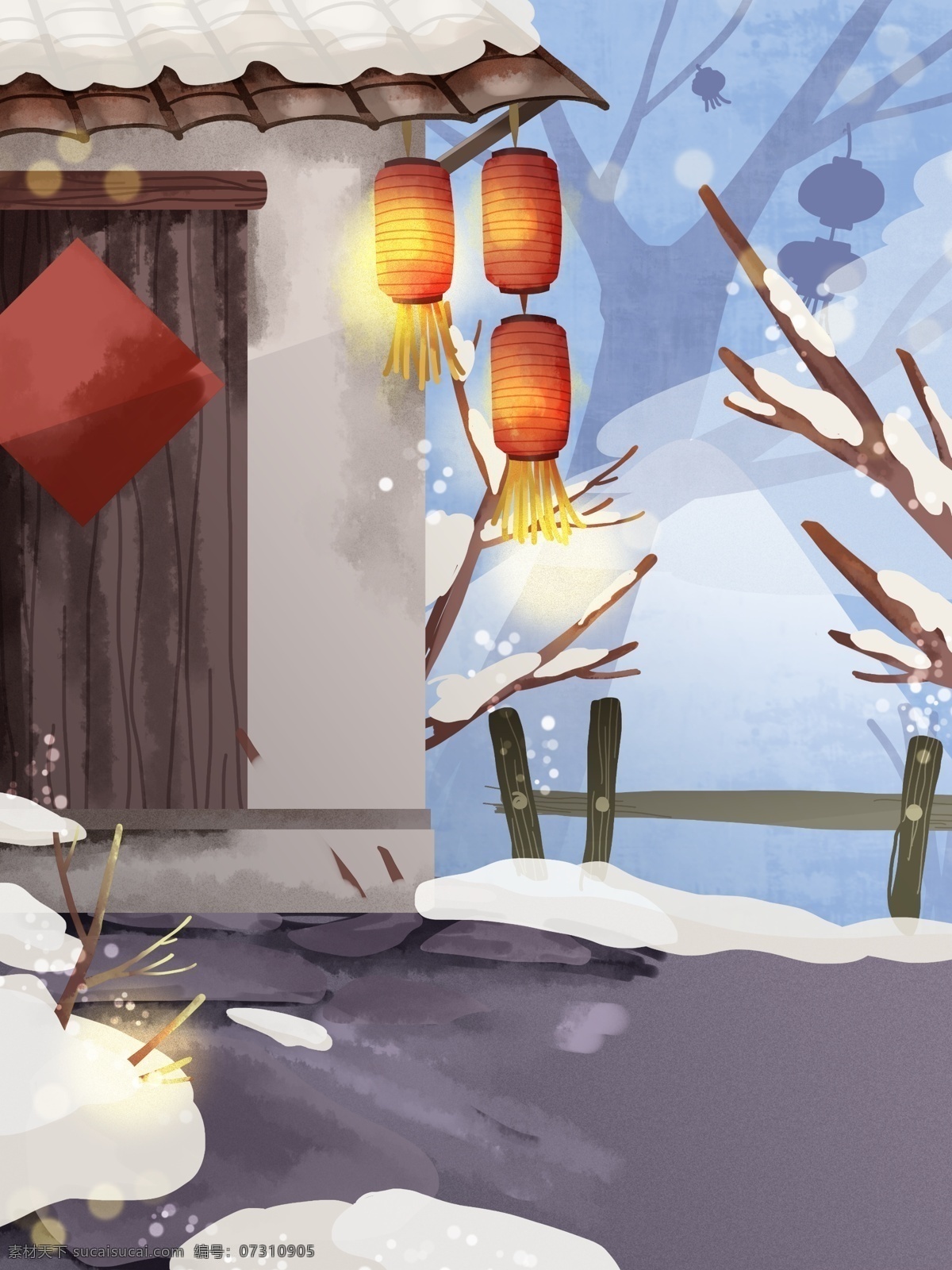 喜庆 手绘 新年 门前 插画 背景 猪年 年货节背景 psd背景 灯笼 雪景 房屋背景 新年气氛背景