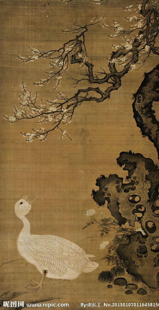 国画狮头鹅图 古画 国画 水墨画 艺术品 白鹅 桃花 山石 题字 博物馆 文物 收藏 明代 吕纪 高清雅韵 绘画书法 文化艺术