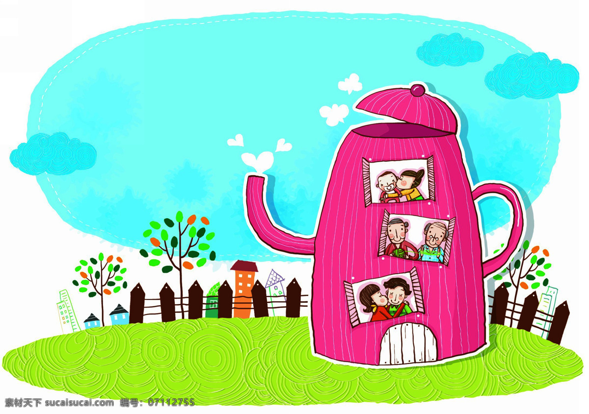 创意 茶壶 房屋 图 创意图 绿色草地 背景图片