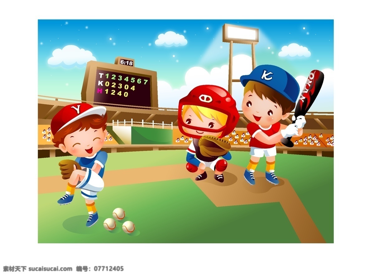 儿童 棒球 运动 矢量 素材图片 白云 比赛 插画 儿童幼儿 卡通 矢量人物 矢量图库 比分 投球 插画集